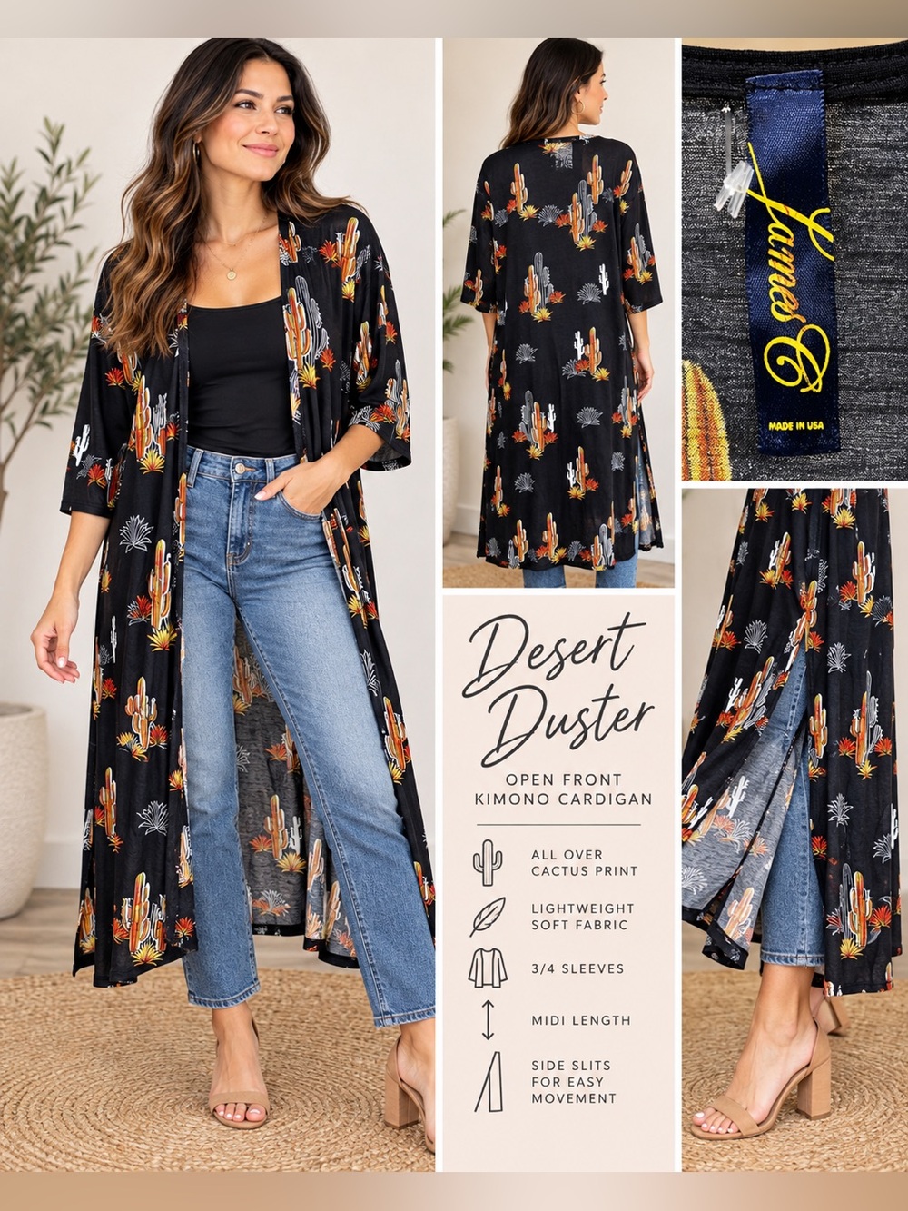 Black Desert Duster Open-Front Kimono Cardigan